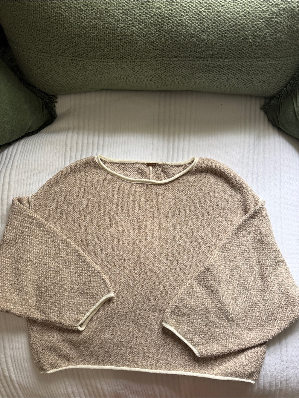 Free People Beige Knit Crew with Cream Trim